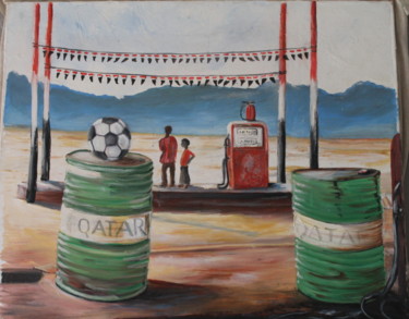 Schilderij getiteld "Football qatarien" door Luc Mackel, Origineel Kunstwerk, Olie