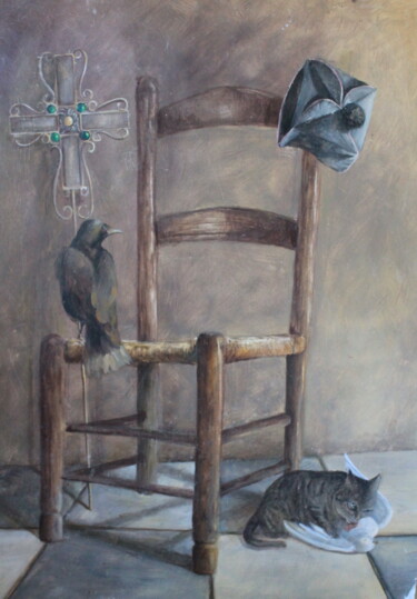 Painting titled "la chaise vide" by Luc Mackel, Original Artwork, Oil Mounted on Wood Panel