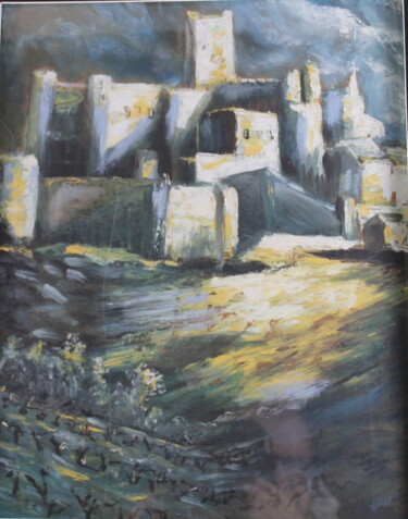 Painting titled "cité" by Luc Mackel, Original Artwork, Oil Mounted on Wood Panel