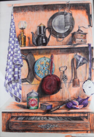 Painting titled "la cuisine de Jeann…" by Luc Mackel, Original Artwork, Ballpoint pen Mounted on Wood Panel