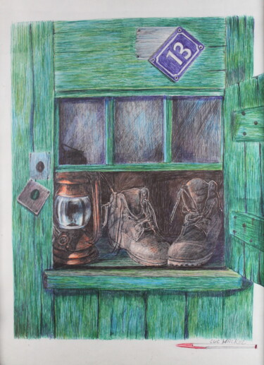 Dessin intitulée "fenêtre de mineur" par Luc Mackel, Œuvre d'art originale, Stylo à bille Monté sur Panneau de bois