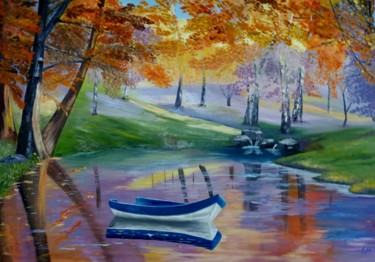 Peinture intitulée "Barque en automne" par Luc Manoury, Œuvre d'art originale, Huile
