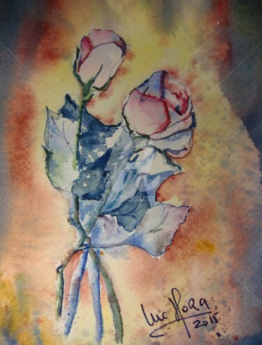 Malerei mit dem Titel "Rosa" von Luc Mora, Original-Kunstwerk, Aquarell