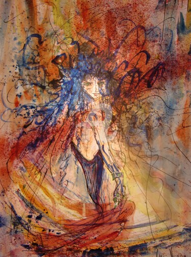 Peinture intitulée "Liberté d'une nuit" par Luc Mora, Œuvre d'art originale, Aquarelle