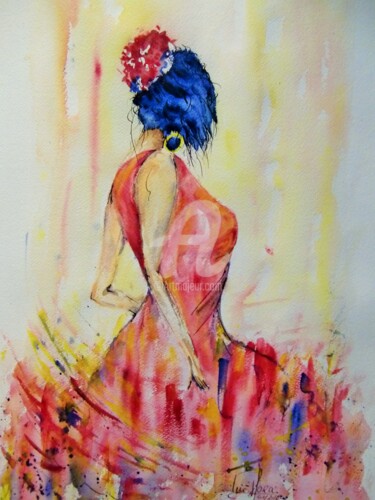 Painting titled "La danseuse rouge" by Luc Mora, Original Artwork, Watercolor