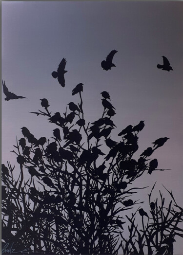 Painting titled "crows on bare tree" by Luca Azzurro Arts, Original Artwork, Acrylic
