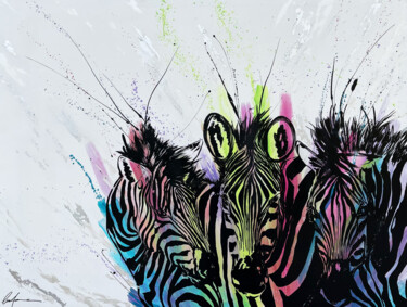 Painting titled "Three Colored Zebras" by Luca Azzurro Arts, Original Artwork, Acrylic Mounted on Wood Stretcher frame