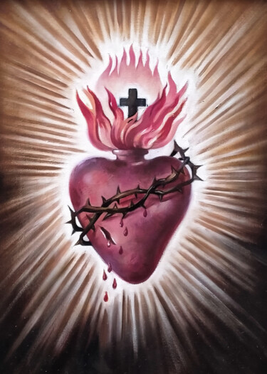 Painting titled "Sacro cuore I Olio…" by Luca Gelosa, Original Artwork, Oil Mounted on Wood Stretcher frame