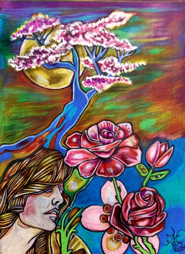 图画 标题为“La Donna dei Fiori” 由Luca Martinoli, 原创艺术品, 粉彩 安装在木板上