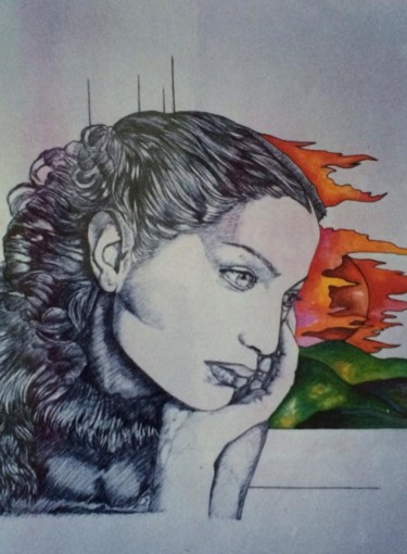 Drawing titled "Volto femminile" by Luca Martinoli, Original Artwork, Ballpoint pen