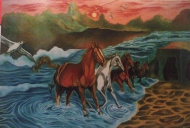 Pittura intitolato "Paesaggio con caval…" da Luca Martinoli, Opera d'arte originale, Olio