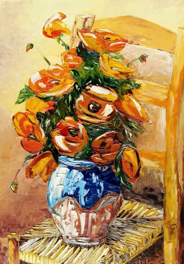 Painting titled "Vaso di fiori su se…" by Luca Cistaro, Original Artwork, Oil Mounted on Wood Stretcher frame