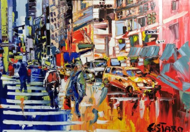 Painting titled "City Life" by Luca Cistaro, Original Artwork, Oil Mounted on Wood Stretcher frame