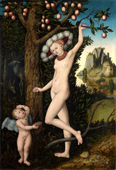 Schilderij getiteld "Cupid Complaining t…" door Lucas Cranach The Elder, Origineel Kunstwerk, Olie