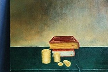 Peinture intitulée "livres et monnaies" par Luc Caudal, Œuvre d'art originale, Huile