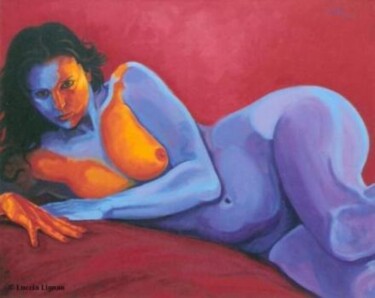 Painting titled "Femme sur Rouge Sat…" by Luccia Lignan, Original Artwork, Acrylic