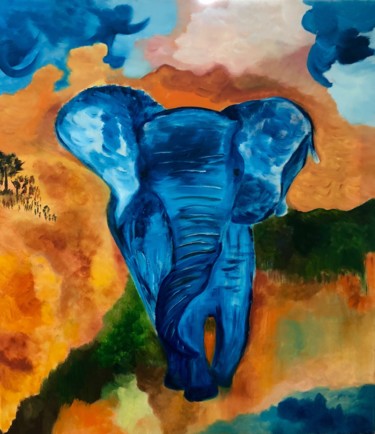 Peinture intitulée "Eléphant Bleu" par Lucette Senn, Œuvre d'art originale