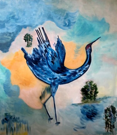 Peinture intitulée "Grue bleu" par Lucette Senn, Œuvre d'art originale