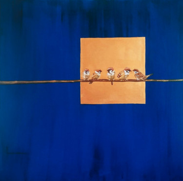 Pittura intitolato ""Bird on blue"" da Vasyl Luchkiv, Opera d'arte originale, Olio