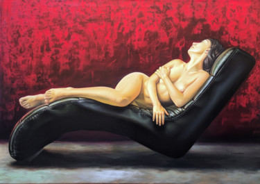 Pittura intitolato ""Woman on Red"" da Vasyl Luchkiv, Opera d'arte originale, Olio