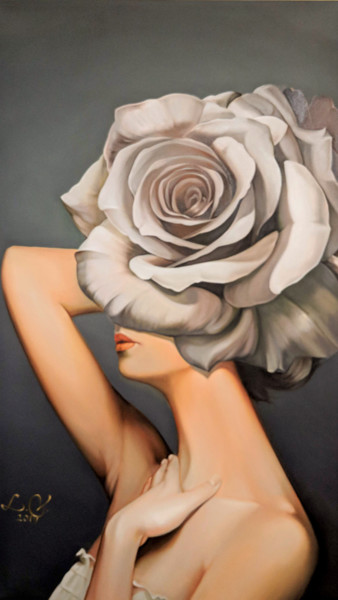 Peinture intitulée "Women and rose" par Vasyl Luchkiv, Œuvre d'art originale, Huile