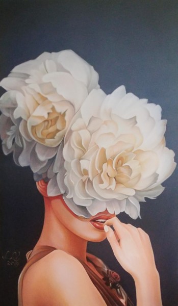 Schilderij getiteld "Women and white rose" door Vasyl Luchkiv, Origineel Kunstwerk, Olie