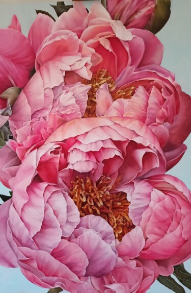 Pittura intitolato ""Pink piones"" da Vasyl Luchkiv, Opera d'arte originale, Olio