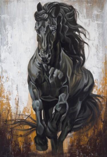 Painting titled ""Black horse"" by Vasyl Luchkiv, Original Artwork, Oil