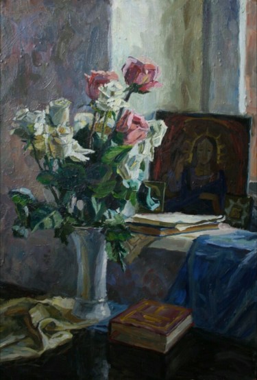 Painting titled "Розы для Христа" by Liudmila Kiseleva, Original Artwork, Oil Mounted on Wood Panel