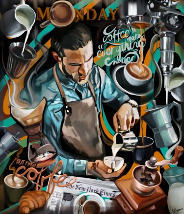 Painting titled "Barista" by Poprocci, Original Artwork, Digital Painting Mounted on Wood Stretcher frame