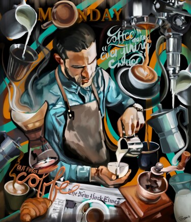 Pittura intitolato "Barista" da Poprocci, Opera d'arte originale, Pittura digitale Montato su Telaio per barella in legno