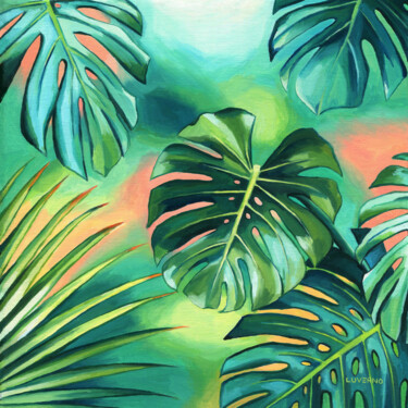 Painting titled "Monstera leaf paint…" by Lucia Verdejo, Original Artwork, Oil Mounted on Wood Stretcher frame