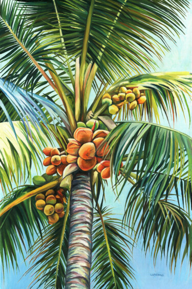 Painting titled "Palm tree artwork c…" by Lucia Verdejo, Original Artwork, Oil Mounted on Wood Stretcher frame