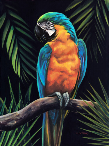 Malarstwo zatytułowany „Tropical parrot pai…” autorstwa Lucia Verdejo, Oryginalna praca, Olej Zamontowany na Drewniana rama…