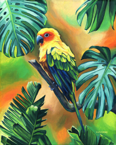 Ζωγραφική με τίτλο "Sun conure parrot o…" από Lucia Verdejo, Αυθεντικά έργα τέχνης, Λάδι Τοποθετήθηκε στο Ξύλινο φορείο σκελ…