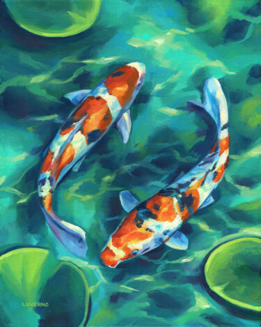 Painting titled "Koi fish painting,…" by Lucia Verdejo, Original Artwork, Oil Mounted on Wood Stretcher frame