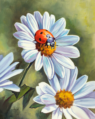 Pittura intitolato "Ladybug on white da…" da Lucia Verdejo, Opera d'arte originale, Olio Montato su Pannello di legno