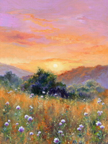 Painting titled "Summer sunset field…" by Lucia Verdejo, Original Artwork, Oil Mounted on Wood Panel