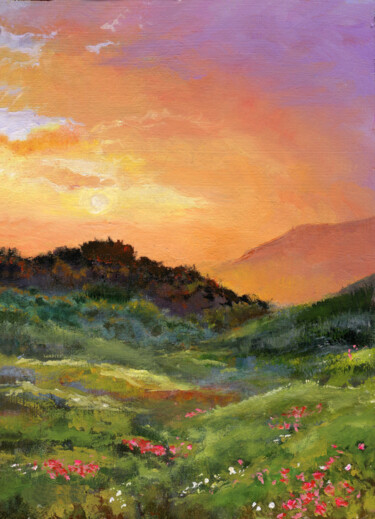 Painting titled "Hills with flowers…" by Lucia Verdejo, Original Artwork, Oil Mounted on Wood Panel