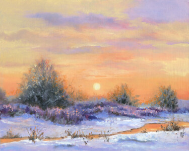 Painting titled "Snowy river at wint…" by Lucia Verdejo, Original Artwork, Oil Mounted on Wood Panel