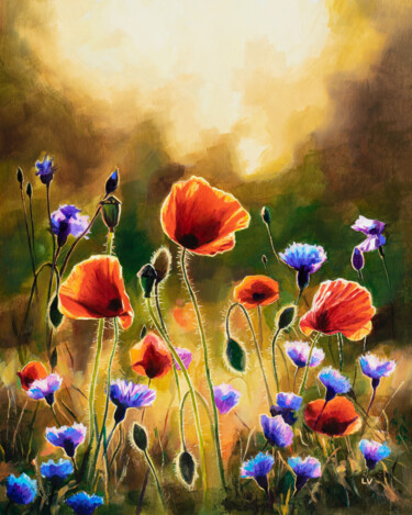 Painting titled "Red poppies and cor…" by Lucia Verdejo, Original Artwork, Oil Mounted on Wood Panel