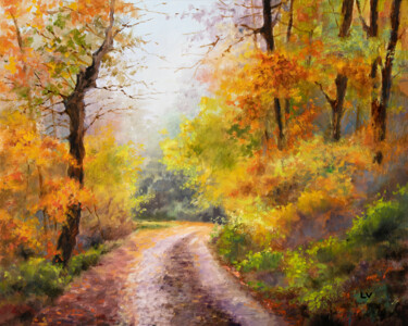 Painting titled "Autumn road in the…" by Lucia Verdejo, Original Artwork, Oil Mounted on Wood Panel