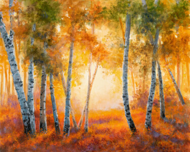 Schilderij getiteld "Autumn birch tree f…" door Lucia Verdejo, Origineel Kunstwerk, Olie Gemonteerd op Houten paneel