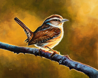 Painting titled "Carolina wren bird…" by Lucia Verdejo, Original Artwork, Oil Mounted on Wood Panel