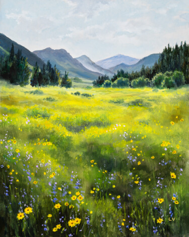 Pintura intitulada "Mountain yellow flo…" por Lucia Verdejo, Obras de arte originais, Óleo Montado em Painel de madeira