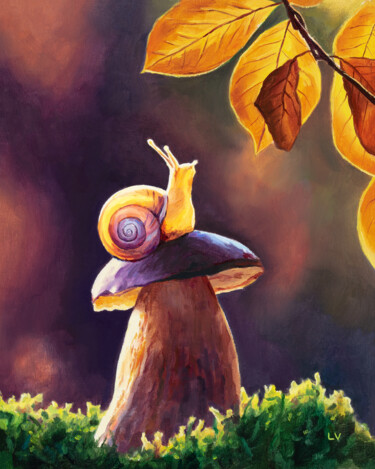 Schilderij getiteld "Mushroom snail pain…" door Lucía Verdejo, Origineel Kunstwerk, Olie Gemonteerd op Houten paneel