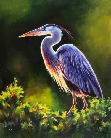 绘画 标题为“Heron oil painting,…” 由Lucia Verdejo, 原创艺术品, 油 安装在木板上