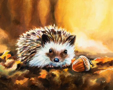 Peinture intitulée "Hedgehog with acorn…" par Lucia Verdejo, Œuvre d'art originale, Huile Monté sur Panneau de bois