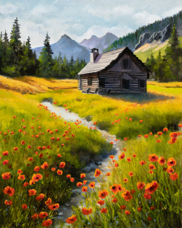 Painting titled "Mountain cabin scen…" by Lucia Verdejo, Original Artwork, Oil Mounted on Wood Panel