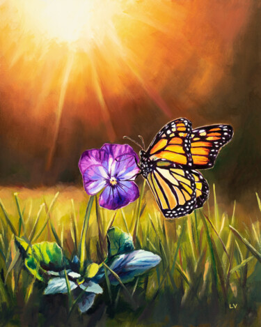Painting titled "Butterfly and purpl…" by Lucia Verdejo, Original Artwork, Oil Mounted on Wood Panel